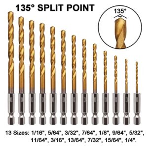 Seamaka 13PCS Hex Shank Titanium Twist Drill Bit Set,1/16"-1/4" High Speed Steel Twist Drill Bit for Wood Plastic Metal O-065