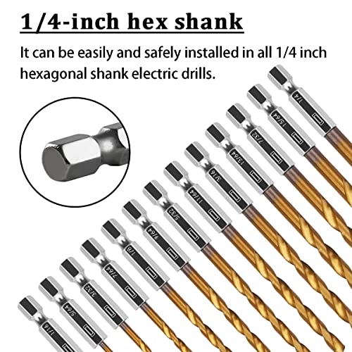 Seamaka 13PCS Hex Shank Titanium Twist Drill Bit Set,1/16"-1/4" High Speed Steel Twist Drill Bit for Wood Plastic Metal O-065