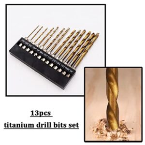 Seamaka 13PCS Hex Shank Titanium Twist Drill Bit Set,1/16"-1/4" High Speed Steel Twist Drill Bit for Wood Plastic Metal O-065