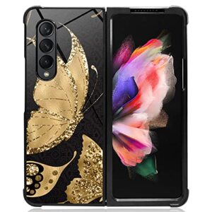 djsok case compatible with samsung galaxy z fold 3 5g case,beautiful golden butterfly luxury pattern design pattern back+soft silicone protective case