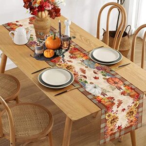 Fall Table Runner Autumn 72 Inches Long x 13 Burlap Linen Home Kitchen Decor Pumpkin Sunflower Leaves Buffalo Plaid Check Seasonal Coffee Dining Rustic Farmhouse Red Orange Yelllow Fall Table Runners