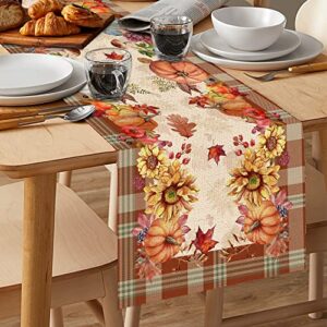 Fall Table Runner Autumn 72 Inches Long x 13 Burlap Linen Home Kitchen Decor Pumpkin Sunflower Leaves Buffalo Plaid Check Seasonal Coffee Dining Rustic Farmhouse Red Orange Yelllow Fall Table Runners