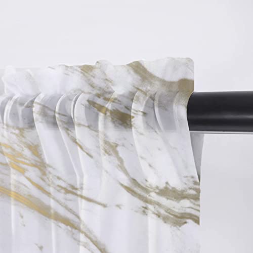 Sheer Valances for Windows Rod Pocket Kitchen Valance Curtains Classic Marble Texture White and Gold Valance Panels for Living Room Bedroom Decoration, Chiffon Curtain Window Treatment 54"x18"