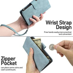 LANYOS for iPhone 13 (6.1 inch) Wallet Case with Card Holder for Women Men，PU Leather Kickstand Zipper Flip Folio RFID Blocking Card Slots Phone Cover with Wrist Strap (Baby Blue)