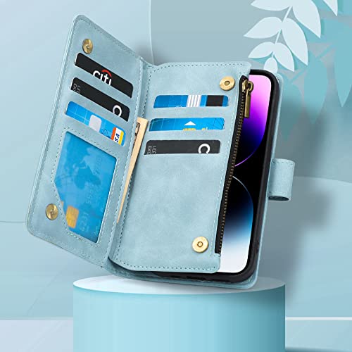 LANYOS for iPhone 13 (6.1 inch) Wallet Case with Card Holder for Women Men，PU Leather Kickstand Zipper Flip Folio RFID Blocking Card Slots Phone Cover with Wrist Strap (Baby Blue)