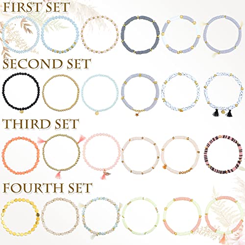 Jadive 24 Pieces 4 Set Bead Bracelets Heishi Stackable Bracelets for Women Clay Boho Disc Bracelets Y2K Aesthetic Layering Boho Surfer Bracelets Bohemian Bracelet Christmas Beach Jewelry for Women