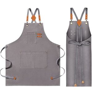 nlus canvas chef apron, cross back heavy duty waterproof work apron with adjustable straps and large pockets for men women, size m to xxl (grey),27in * 30in