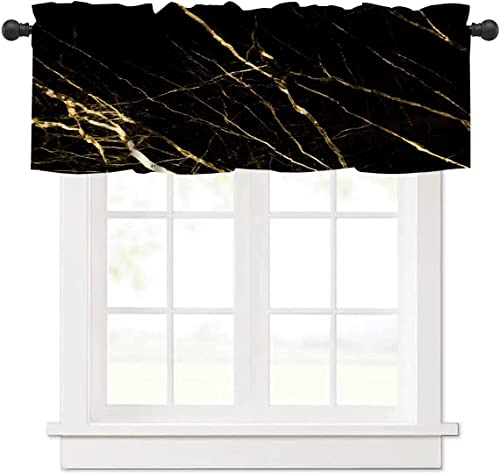 SHElifestyle Marble Kitchen Valances Window Curtain,Abstract Gold and Black Marble Pattern Curtain Valances for Bedroom Bathroom Living Room Cafe,52x18 inch