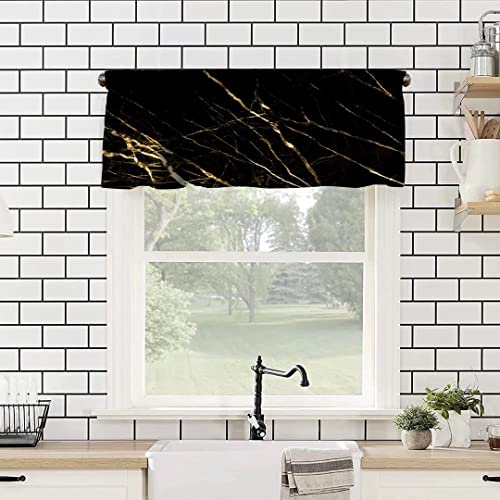 SHElifestyle Marble Kitchen Valances Window Curtain,Abstract Gold and Black Marble Pattern Curtain Valances for Bedroom Bathroom Living Room Cafe,52x18 inch