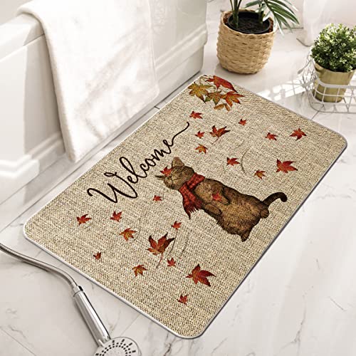 GAGEC Fall Welcome Door Mat Cat Outdoor Rug Maple Leaf Doormat Entrance Rugs Autumn Farmhouse Home Kitchen Bathroom Decorations Floor Front Door Mats 17 x 27 Inch