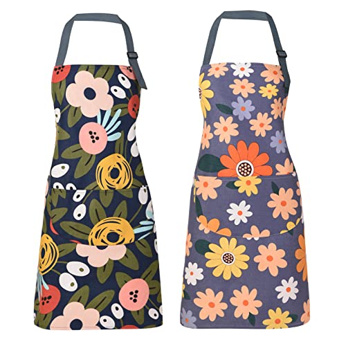 ARBINSON 2 Pack Floral Apron for Women with Pockets, Adjustable Cotton Chef Aprons for Kitchen, Cooking, BBQ & Grill (Blue/Flowers)