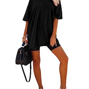 Remidoo Women's Oversized T Shirt Solid Short Sleeve Distressed Solid Tees T-Black Large