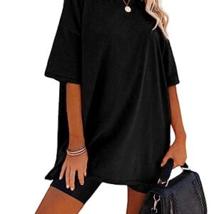 Remidoo Women's Oversized T Shirt Solid Short Sleeve Distressed Solid Tees T-Black Large