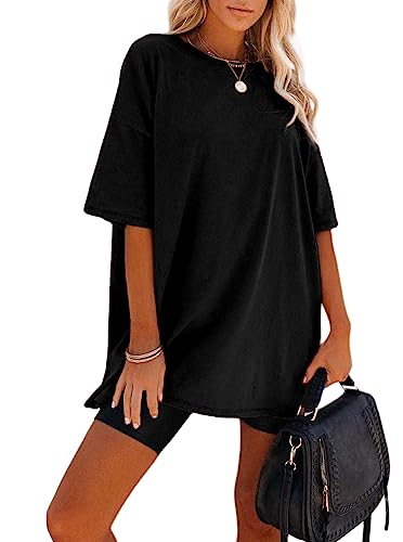 Remidoo Women's Oversized T Shirt Solid Short Sleeve Distressed Solid Tees T-Black Large