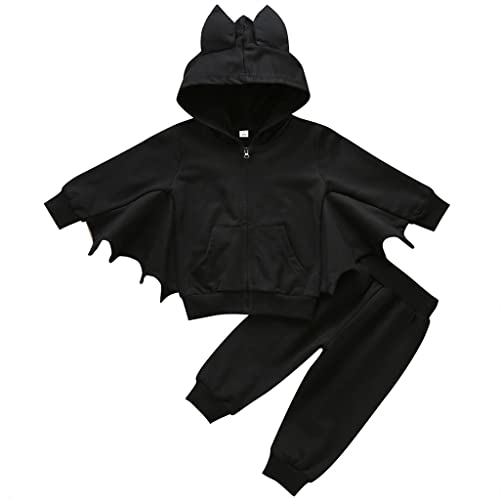 Xfglck Toddler Baby Girls Boys Halloween Outfit Black Bat Zipper Hoodies+Pant Set Fall Winter Clothes(Black,3-4 Years)