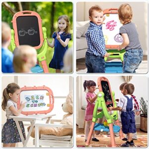 Weudear Kids Easel, Kids Toys Rotatable Double Sided Chalk Board Adjustable Height Standing Toddler Easel with 79pcs Accessories Art Set, Pink
