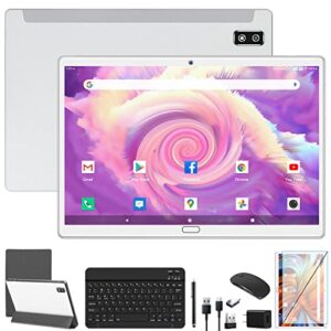 android 11.0 tablet, 2023 latest 2 in 1 tablet 10.1 inch, 4g cellular tablet with keyboard, 64gb+4gb storage, octa-core processor, 2 sim slot, 13mp camera, mouse/stylus/gps/wifi/bluetooth (silver)