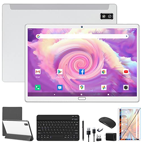 Android 11.0 Tablet, 2023 Latest 2 in 1 Tablet 10.1 Inch, 4G Cellular Tablet with Keyboard, 64GB+4GB Storage, Octa-Core Processor, 2 Sim Slot, 13MP Camera, Mouse/Stylus/GPS/WiFi/Bluetooth (Silver)