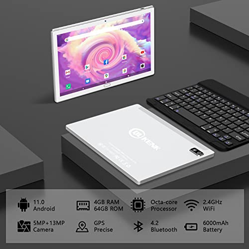 Android 11.0 Tablet, 2023 Latest 2 in 1 Tablet 10.1 Inch, 4G Cellular Tablet with Keyboard, 64GB+4GB Storage, Octa-Core Processor, 2 Sim Slot, 13MP Camera, Mouse/Stylus/GPS/WiFi/Bluetooth (Silver)