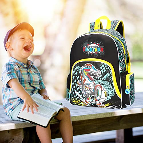 YOJOY Kids Backpack for Boys with Lunch Box Set Elementary School Bags 16 inch Kindergarten Primary Bookbags Football Dinosaur Backpacks (Black Dinosaur Set)