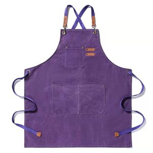 cotton canvas apron for artists painting,chef apron with cross back straps for men women, kitchen cooking (purple)
