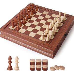 bestamtoy wooden chess and checkers set with storage drawer, 12-inch classic 2-in-1 board game for kids and adults, travel portable chess game set, includes extra kings, queens