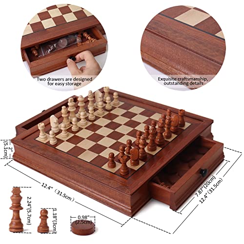 BESTAMTOY Wooden Chess and Checkers Set with Storage Drawer, 12-inch Classic 2-in-1 Board Game for Kids and Adults, Travel Portable Chess Game Set, Includes Extra Kings, Queens