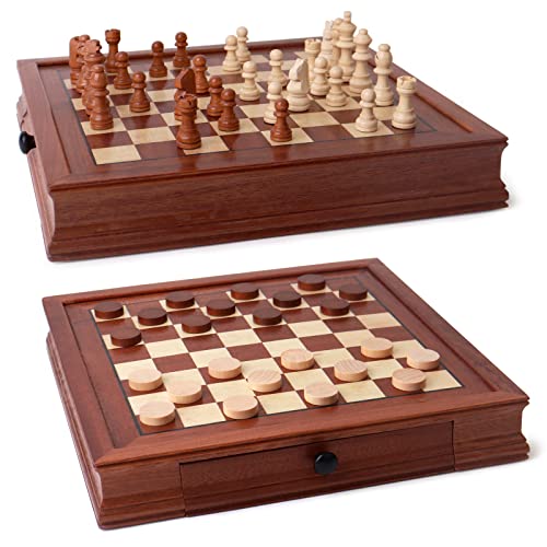 BESTAMTOY Wooden Chess and Checkers Set with Storage Drawer, 12-inch Classic 2-in-1 Board Game for Kids and Adults, Travel Portable Chess Game Set, Includes Extra Kings, Queens