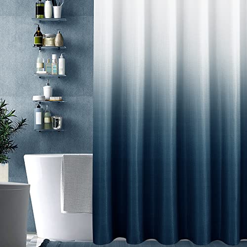 Navy Blue Shower Curtain with Liner Set Ombre Navy Blue and White Waffle Fabric Elegant Modern Heavy Duty Double Layers Hotel Style Decor Blue Shower Curtains for Bathroom, 72x72