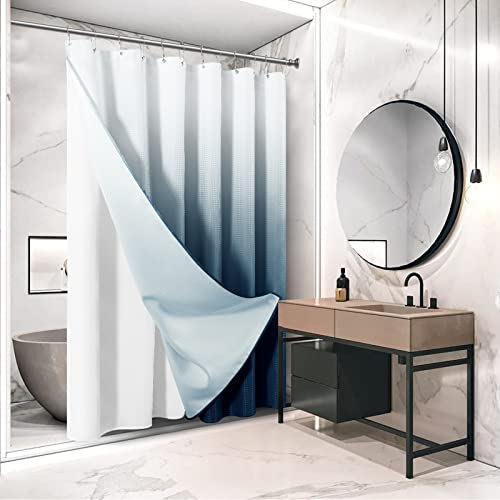 Navy Blue Shower Curtain with Liner Set Ombre Navy Blue and White Waffle Fabric Elegant Modern Heavy Duty Double Layers Hotel Style Decor Blue Shower Curtains for Bathroom, 72x72