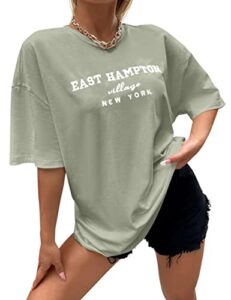 lauweion women drop shoulder east hampton letter t-shirt oversized graphic baggy trendy tee shirt top green