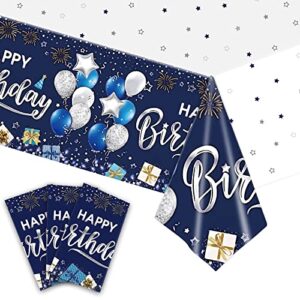 kesfey happy birthday tablecloths 3 packs navy blue and silver birthday tablecover 54 x 108 inch print firework,balloon waterproof birthday party supplies for birthday themed party table decorations