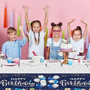 Kesfey Happy Birthday Tablecloths 3 Packs Navy Blue and Silver Birthday Tablecover 54 x 108 Inch Print Firework,Balloon Waterproof Birthday Party Supplies for Birthday Themed Party Table Decorations