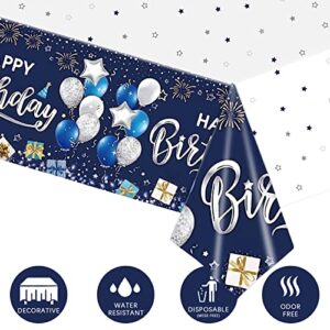 Kesfey Happy Birthday Tablecloths 3 Packs Navy Blue and Silver Birthday Tablecover 54 x 108 Inch Print Firework,Balloon Waterproof Birthday Party Supplies for Birthday Themed Party Table Decorations