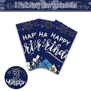 Kesfey Happy Birthday Tablecloths 3 Packs Navy Blue and Silver Birthday Tablecover 54 x 108 Inch Print Firework,Balloon Waterproof Birthday Party Supplies for Birthday Themed Party Table Decorations