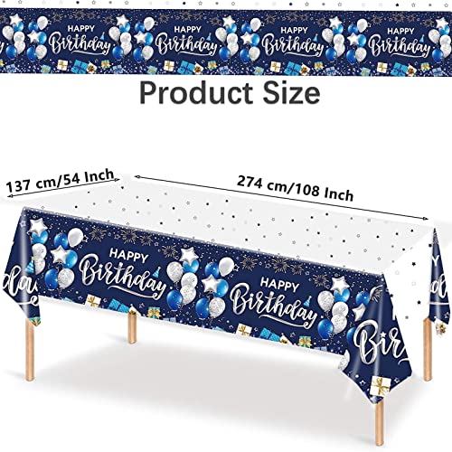 Kesfey Happy Birthday Tablecloths 3 Packs Navy Blue and Silver Birthday Tablecover 54 x 108 Inch Print Firework,Balloon Waterproof Birthday Party Supplies for Birthday Themed Party Table Decorations