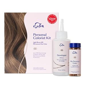 esalon permanent hair color & hair dye complete kit - light brown - personal colorist kit for up to 100% gray coverage for all hair types - professional-grade ammonia-free hair dye