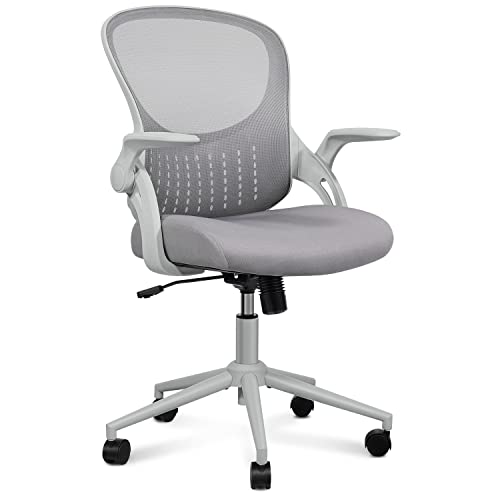 SMUG Home Office Ergonomic Desk Mesh Computer Modern Height Adjustable Swivel Chair with Lumbar Support/Flip-up Arms, Grey, 23.8D x 23.2W x 39.8H