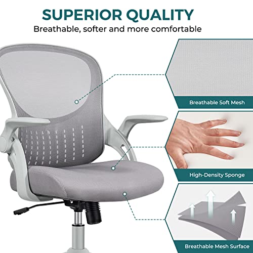 SMUG Home Office Ergonomic Desk Mesh Computer Modern Height Adjustable Swivel Chair with Lumbar Support/Flip-up Arms, Grey, 23.8D x 23.2W x 39.8H