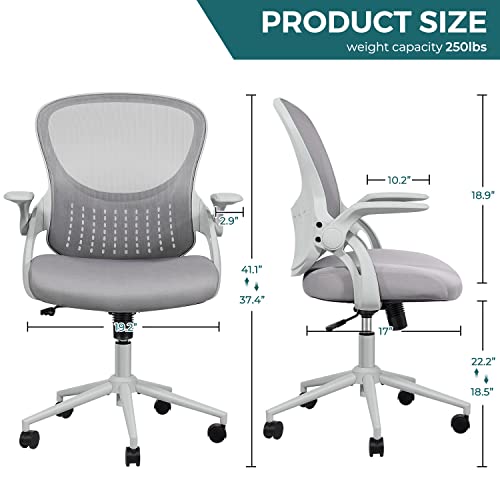 SMUG Home Office Ergonomic Desk Mesh Computer Modern Height Adjustable Swivel Chair with Lumbar Support/Flip-up Arms, Grey, 23.8D x 23.2W x 39.8H