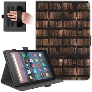 dteck case fits for (8") kindle fire hd 8 tablet (previous 8th/7th/6th generation, 2018/2017/2016 release) - shockproof protective leather case with hand strap, smart stand magnetic cover (bookshelf)