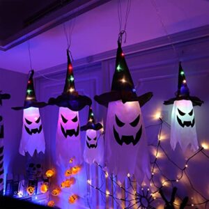 cunglin outdoor halloween decorations hanging ghost with witch hats, 5 pack lighted ghosts halloween decor indoor, led colorful string lights waterproof battery for home porch yard garden outside