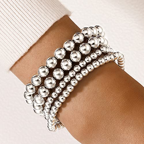 Xerling 4Pcs Silver Beaded Bracelets for Women Ball Chain Bracelets for Teen Girls Stretchable Elastic Bracelet Light Weight (Silver Ball)