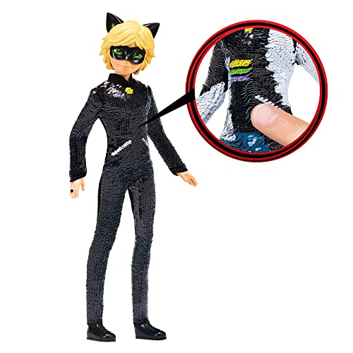 Miraculous Fashion Flip Adrien to Cat Noir 10.5” Action Doll Sequins