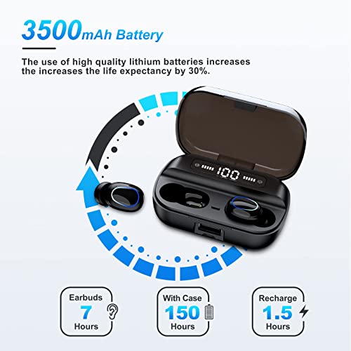 Wireless Earbuds Bluetooth Wireless Ear buds with HD Noise Cancelling Mic, HiFi Stereo Bass Sound Headphones with LED Charging Case, Touch Control Smallest In Ear Earphones for Sport/Work/Travel Black