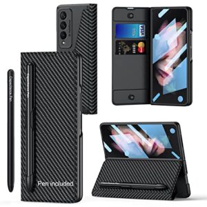 libeagle compatible with samsung galaxy z fold 3 wallet case with capacitance pen and detachable s pen holder [2 card holder][hinge protection][wireless charging] leather cover 5g 2021-carbon fiber
