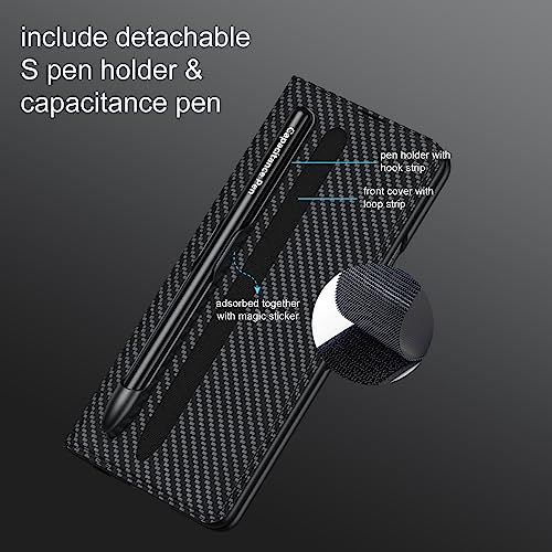 Libeagle Compatible with Samsung Galaxy Z Fold 3 Wallet Case with Capacitance Pen and Detachable S Pen Holder [2 Card Holder][Hinge Protection][Wireless Charging] Leather Cover 5G 2021-Carbon Fiber