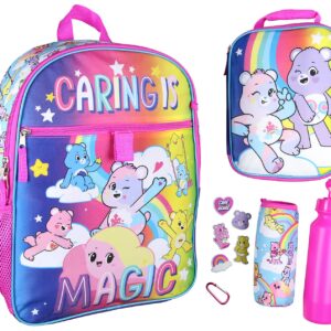 Carebears Caring Is Magic 16" Backpack Lunch Tote Water Bottle Sticker Set 5 Pc Mega Set