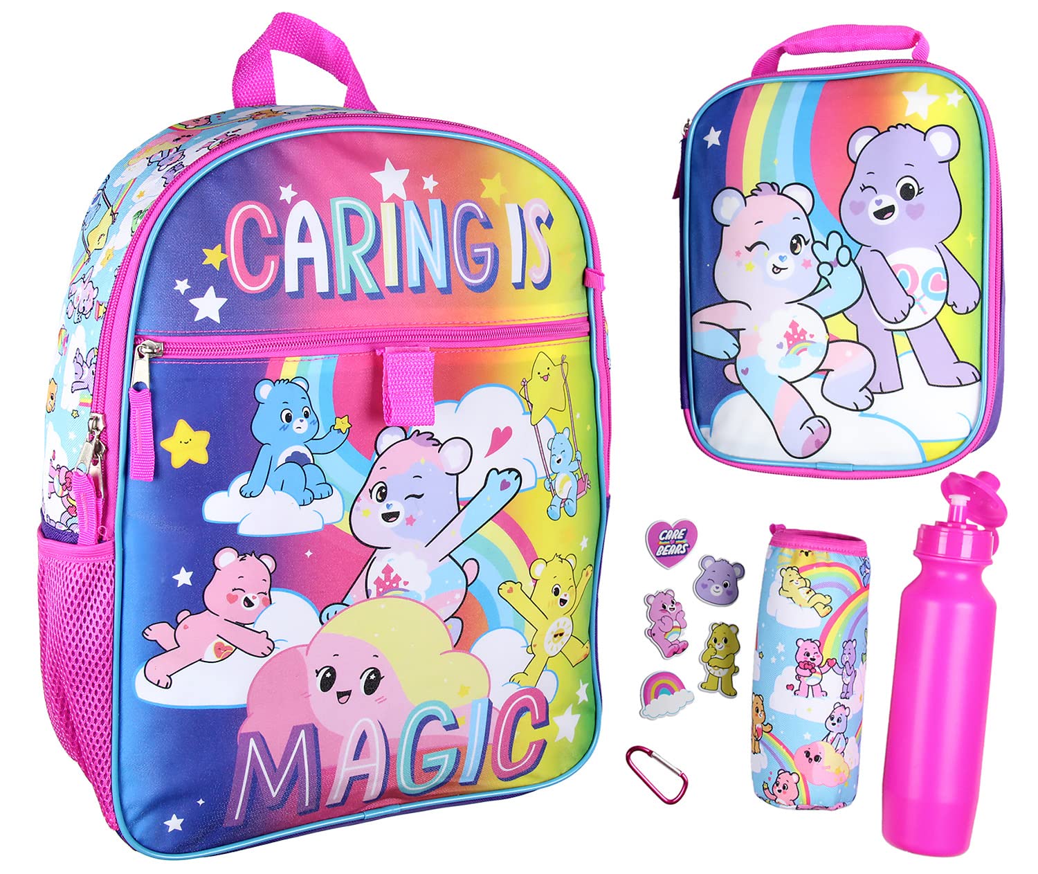 Carebears Caring Is Magic 16" Backpack Lunch Tote Water Bottle Sticker Set 5 Pc Mega Set