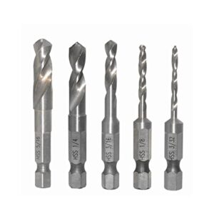 seonfook 5pcs stubby drill bit set short drill bits hss 4241 steel 1/4" quick change hex shank 3/32, 1/8, 3/16, 1/4, 5/16 inch for woodworking